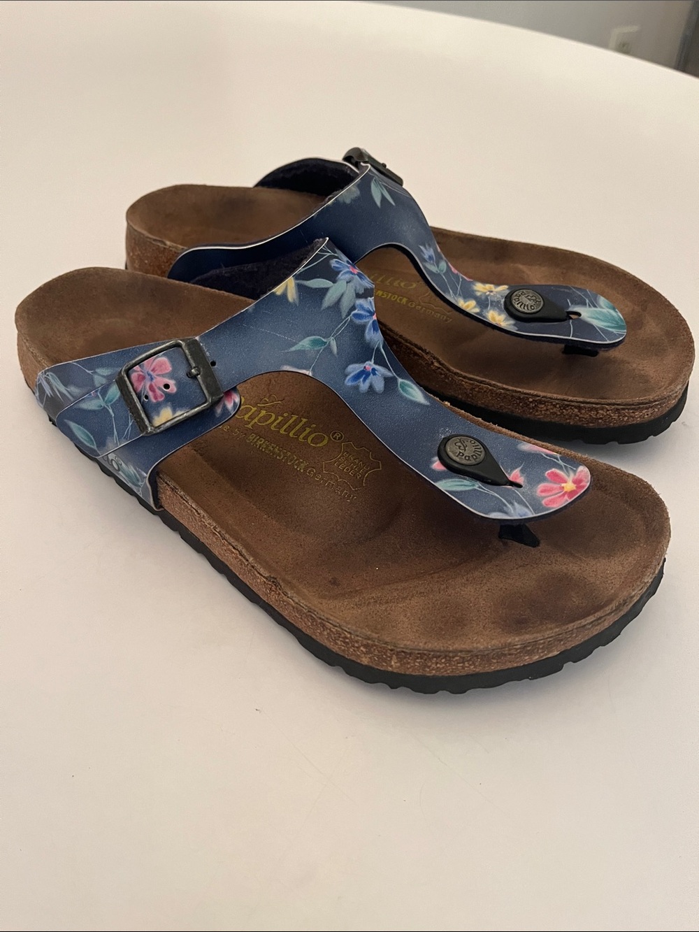 Papillio Birkenstock Gizeh Sandals, size 39 or US 8, blue floral
